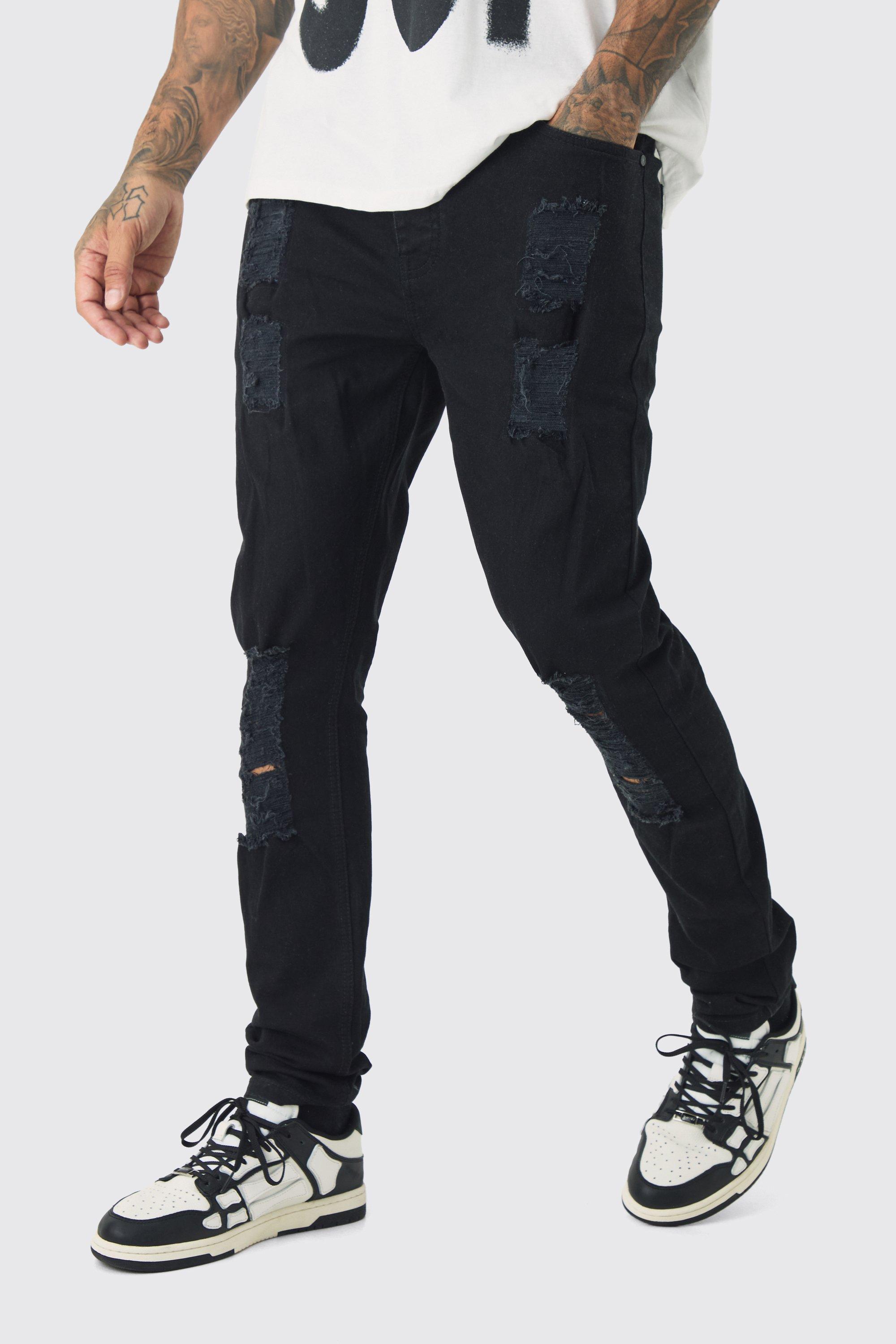 Mens Black Tall Skinny Jeans With All Over Rips, Black